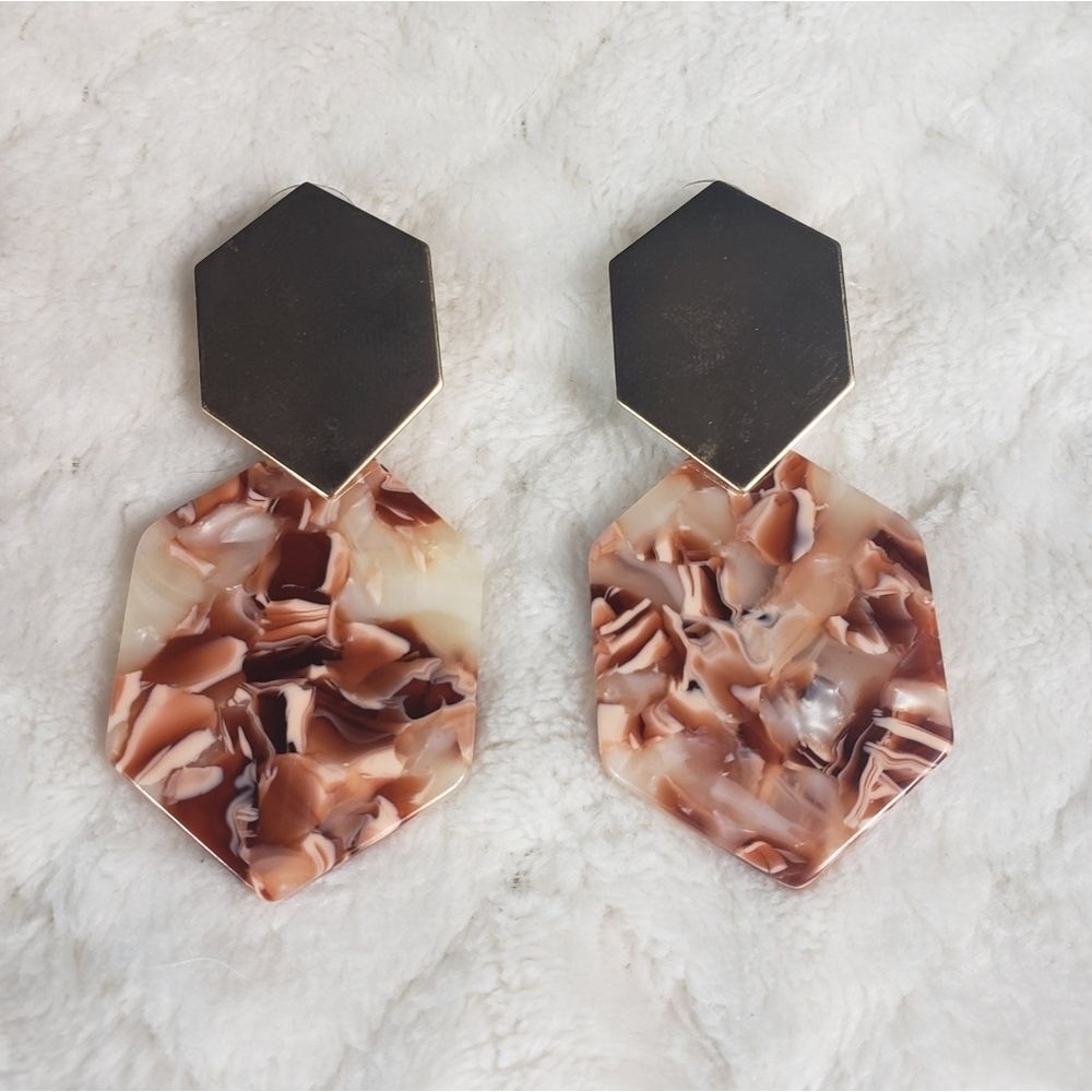 Pink Rose Gold Toned Geometric Retro Bohemian Resin Drop Earrings